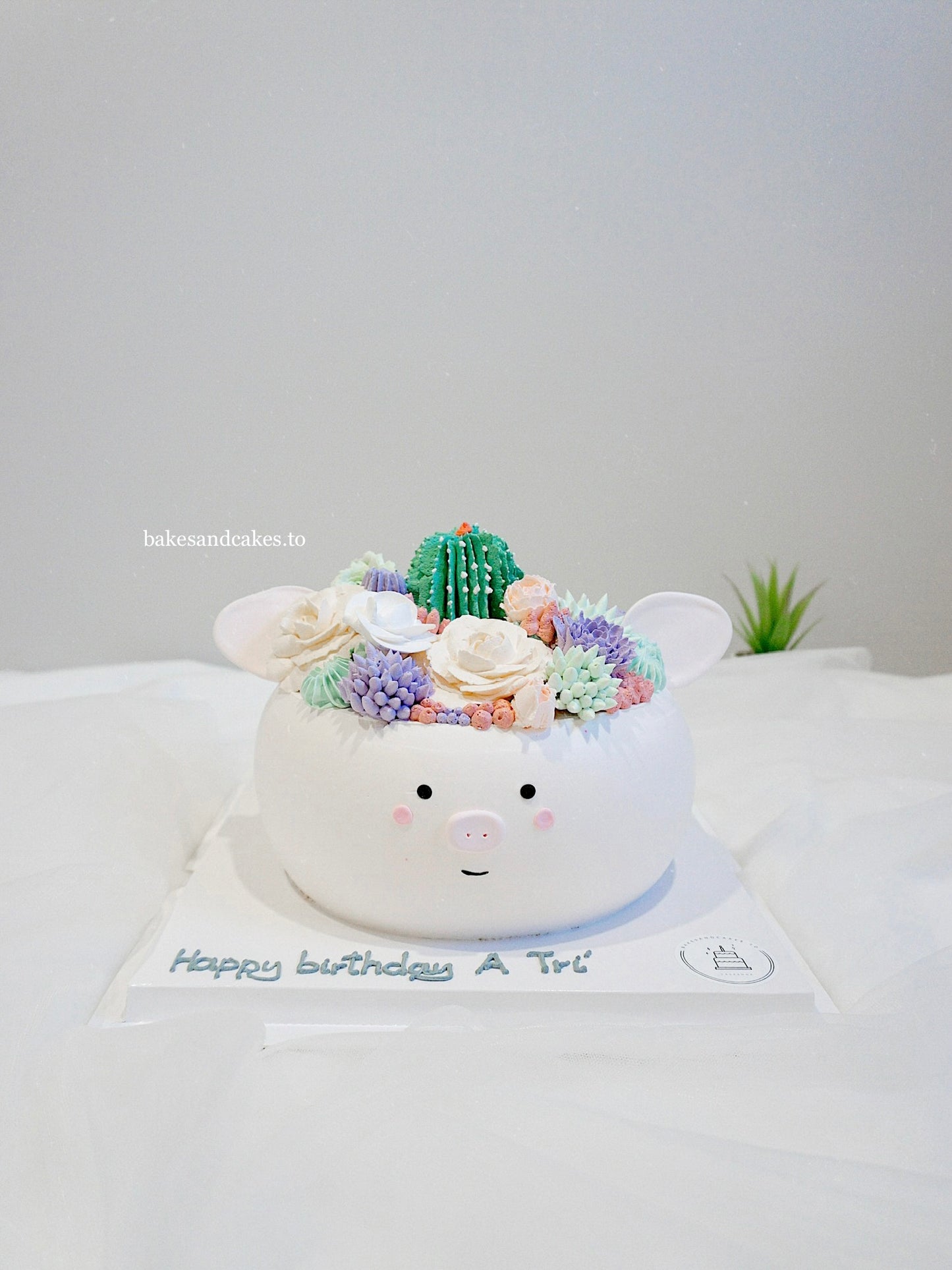 Cactus Pig cake close-up of piglet character topper and green cactus cream decorations