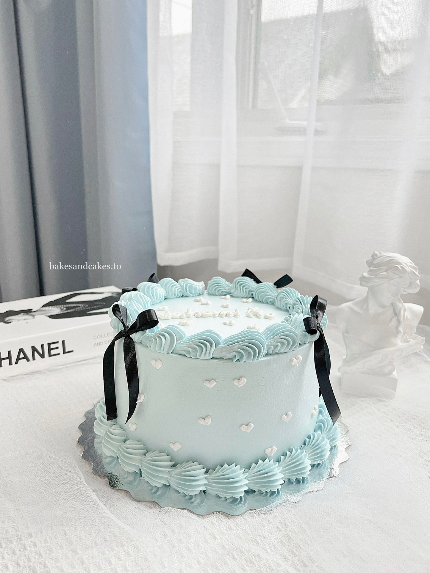 Black Ribbon Cake with Hearts (Blue)