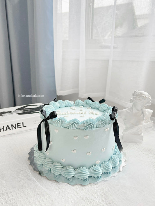 Black Ribbon Cake with Hearts (Blue)