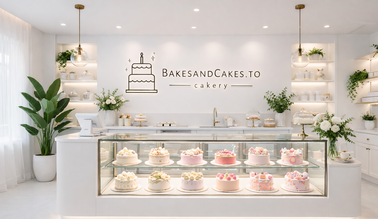 Bakes and Cakes to Cakery interior with a display of cakes.